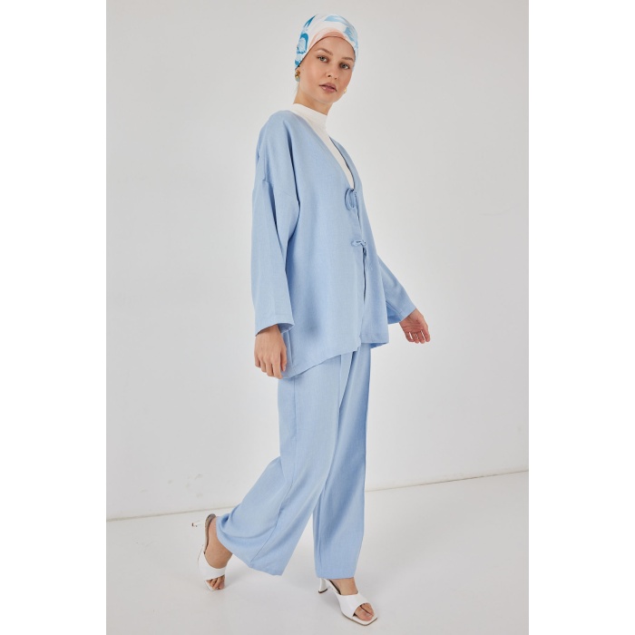 Kadın Keten Kimono İkili Takım 6727 - Mavi