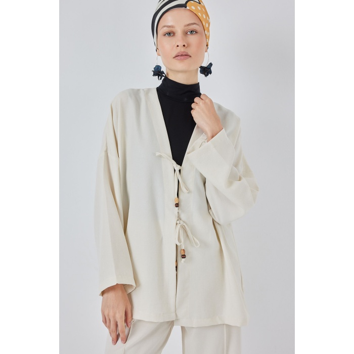 Kadın Keten Kimono İkili Takım 6727 - Ekru