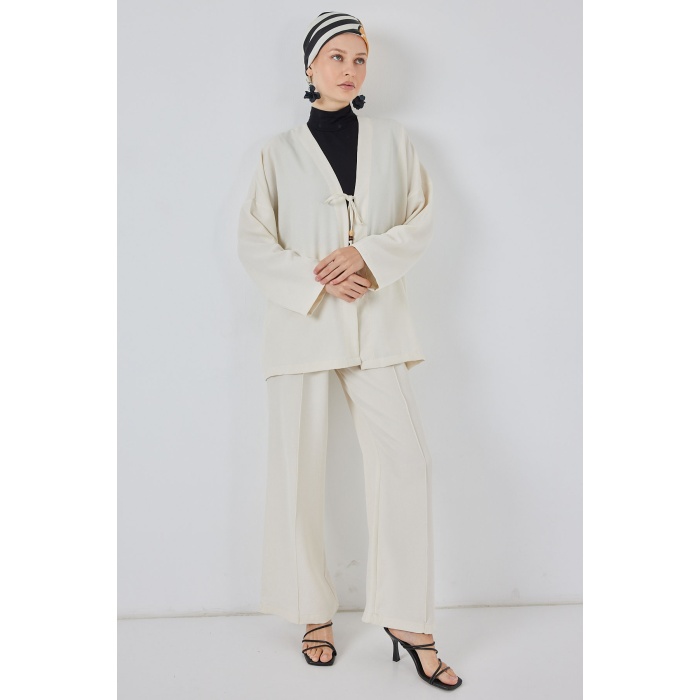Kadın Keten Kimono İkili Takım 6727 - Ekru