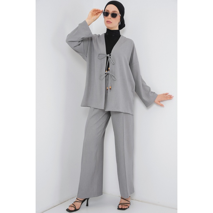Kadın Keten Kimono İkili Takım 6727 - Gri