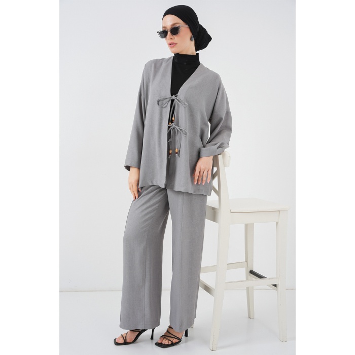 Kadın Keten Kimono İkili Takım 6727 - Gri