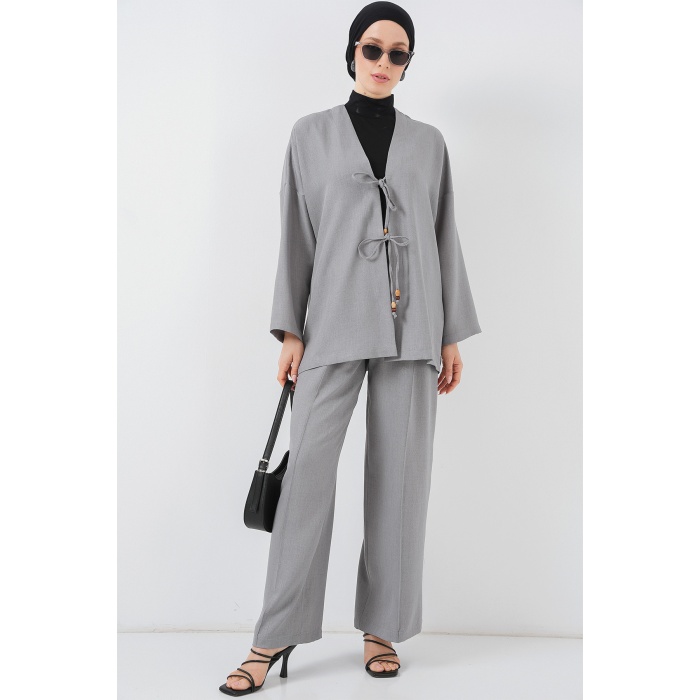 Kadın Keten Kimono İkili Takım 6727 - Gri