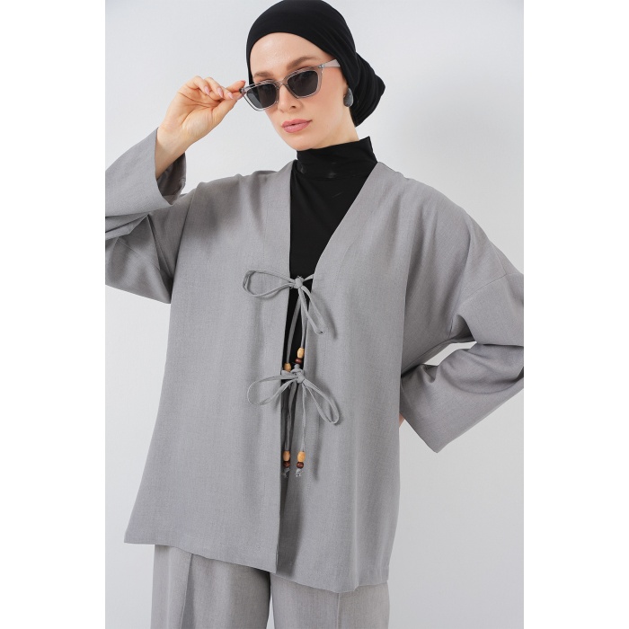 Kadın Keten Kimono İkili Takım 6727 - Gri