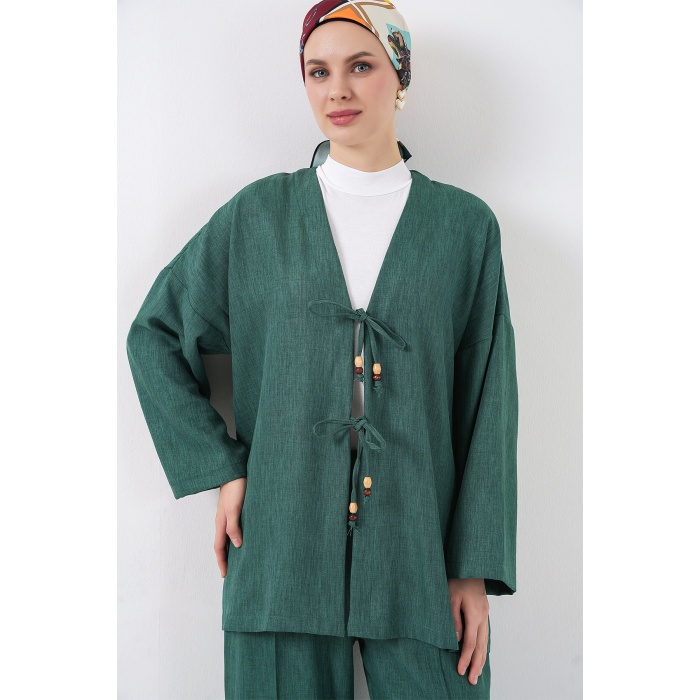 Kadın Keten Kimono İkili Takım 6727 - Zümrüt Yeşili
