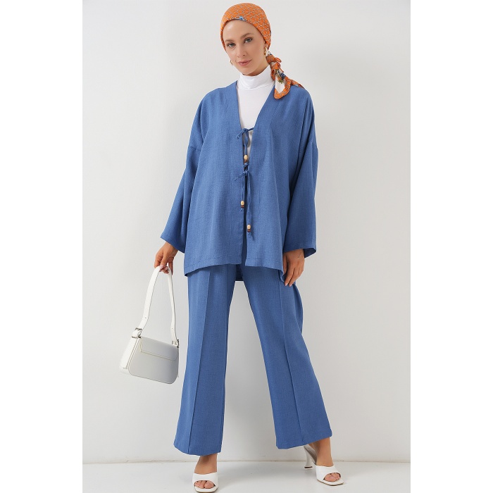 Kadın Keten Kimono İkili Takım 6727 - İndigo