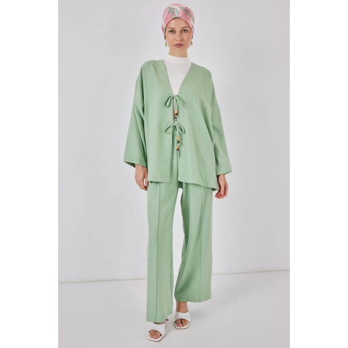 Kadın Keten Kimono İkili Takım 6727 - E.Yeşil