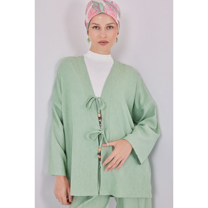 Kadın Keten Kimono İkili Takım 6727 - E.Yeşil