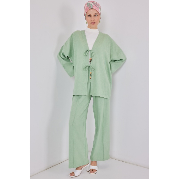 Kadın Keten Kimono İkili Takım 6727 - E.Yeşil