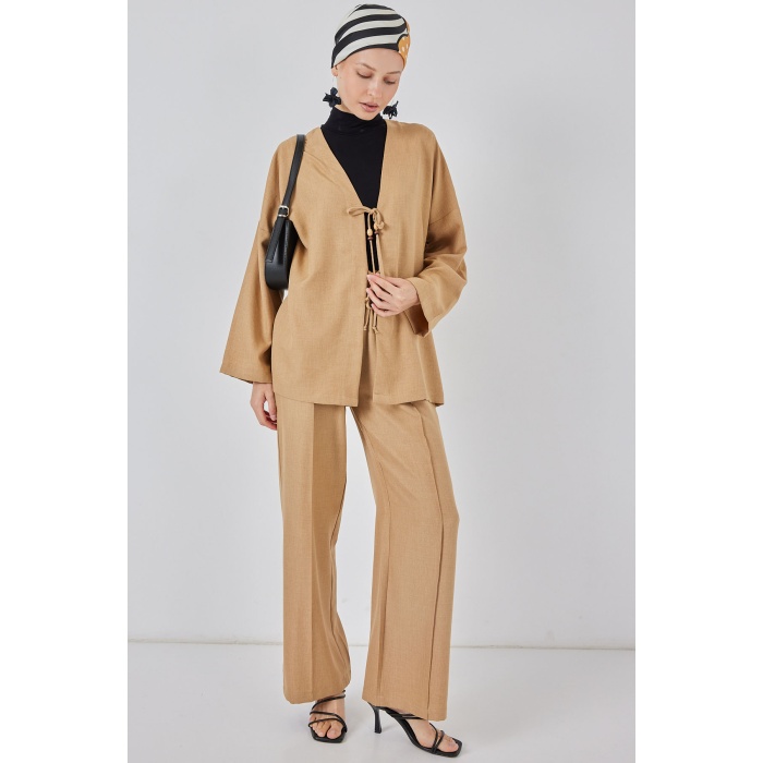 Kadın Keten Kimono İkili Takım 6727 - Bisküvi