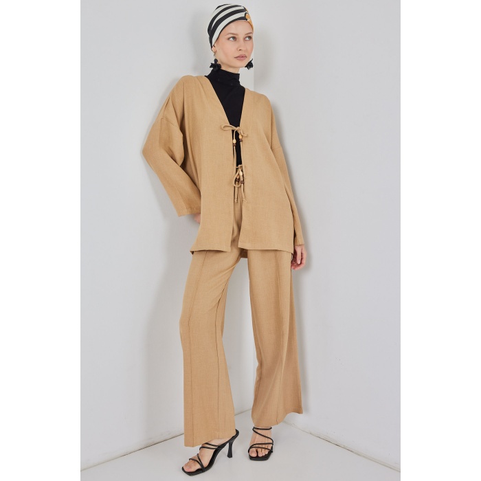 Kadın Keten Kimono İkili Takım 6727 - Bisküvi