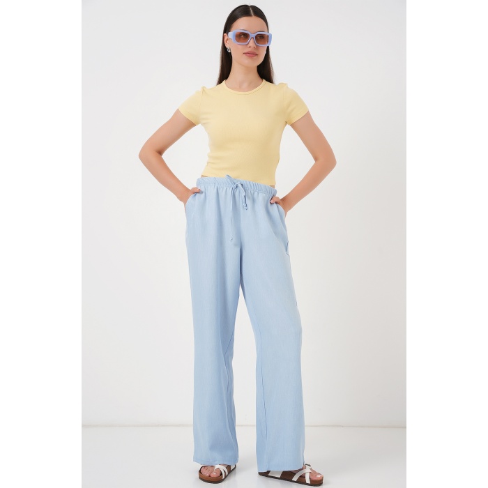 Kadın Geniş Paça Keten Pantolon 6735 - Mavi