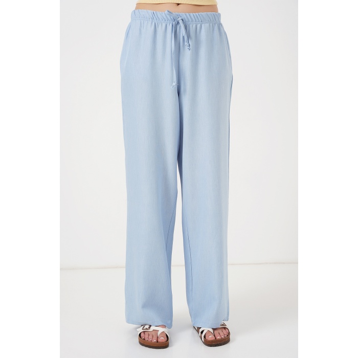 Kadın Geniş Paça Keten Pantolon 6735 - Mavi