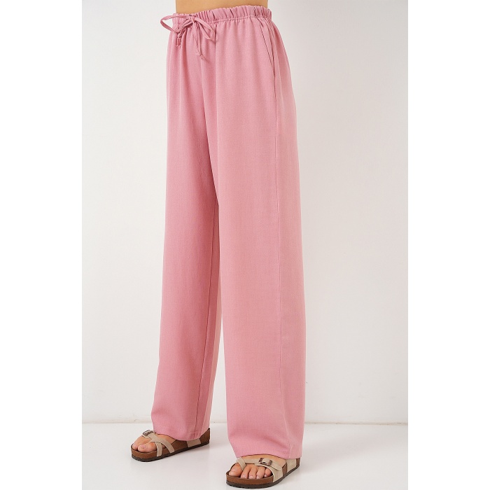Kadın Geniş Paça Keten Pantolon 6735 - Pudra