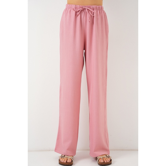 Kadın Geniş Paça Keten Pantolon 6735 - Pudra