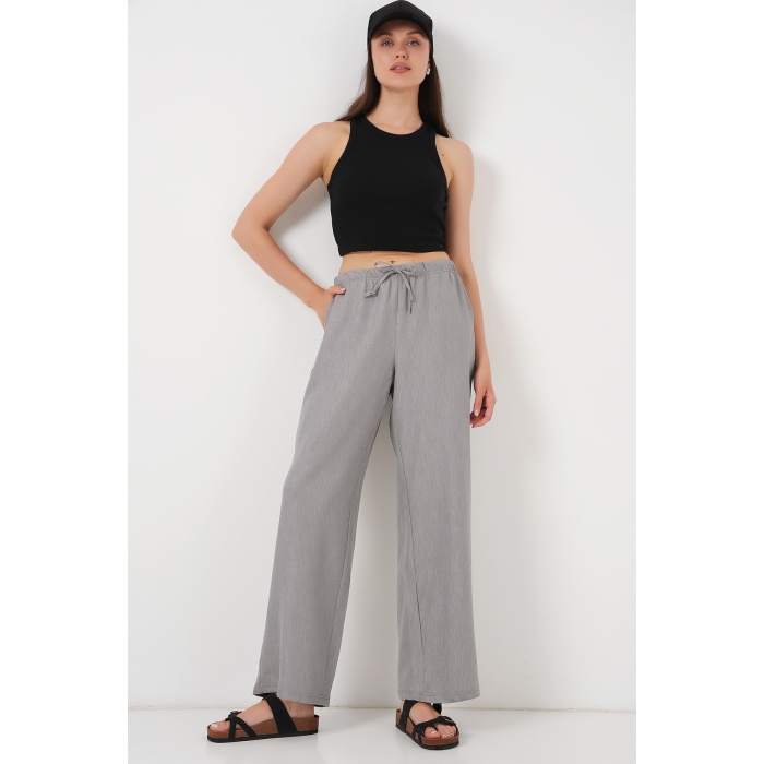 Kadın Geniş Paça Keten Pantolon 6735 - Gri
