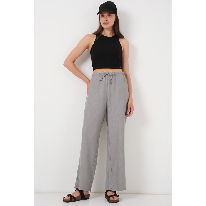 Kadın Geniş Paça Keten Pantolon 6735 - Gri