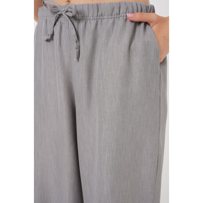 Kadın Geniş Paça Keten Pantolon 6735 - Gri