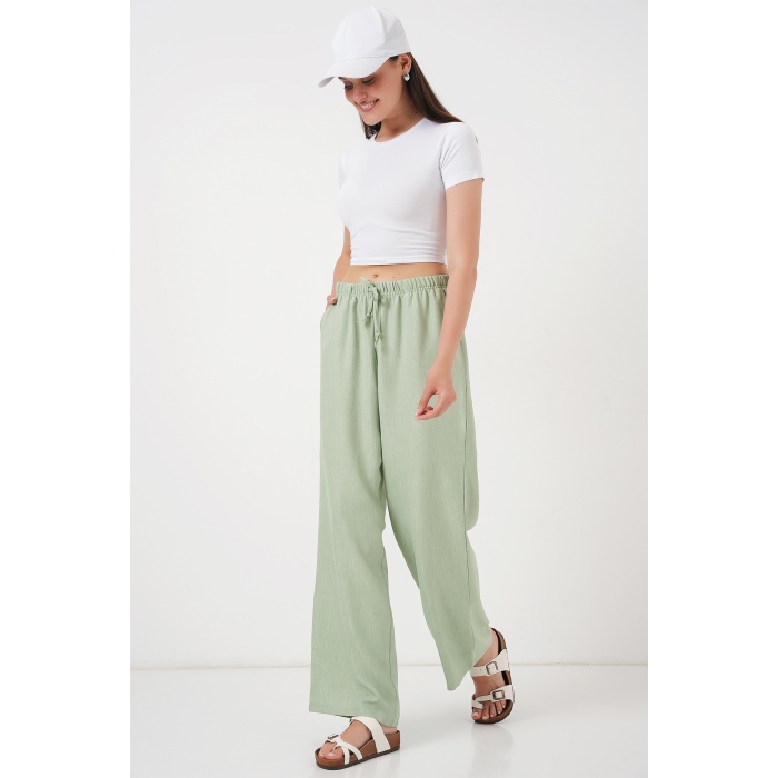 Kadın Geniş Paça Keten Pantolon 6735 - E.Yeşil