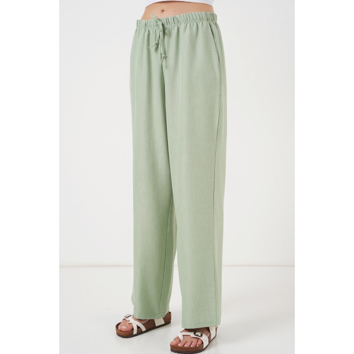 Kadın Geniş Paça Keten Pantolon 6735 - E.Yeşil