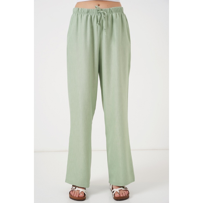 Kadın Geniş Paça Keten Pantolon 6735 - E.Yeşil