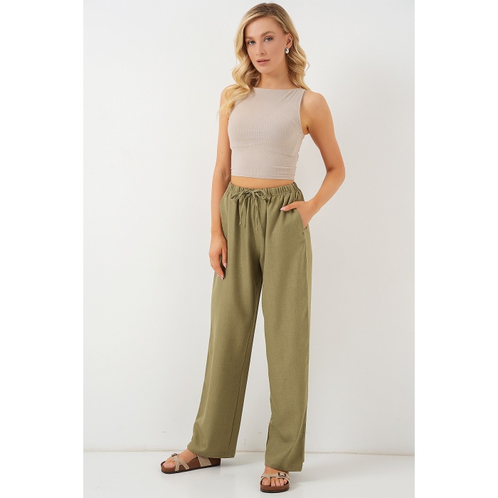 Kadın Geniş Paça Keten Pantolon 6735 - Çağla