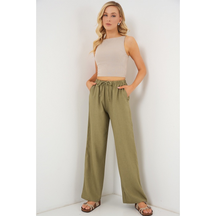 Kadın Geniş Paça Keten Pantolon 6735 - Çağla