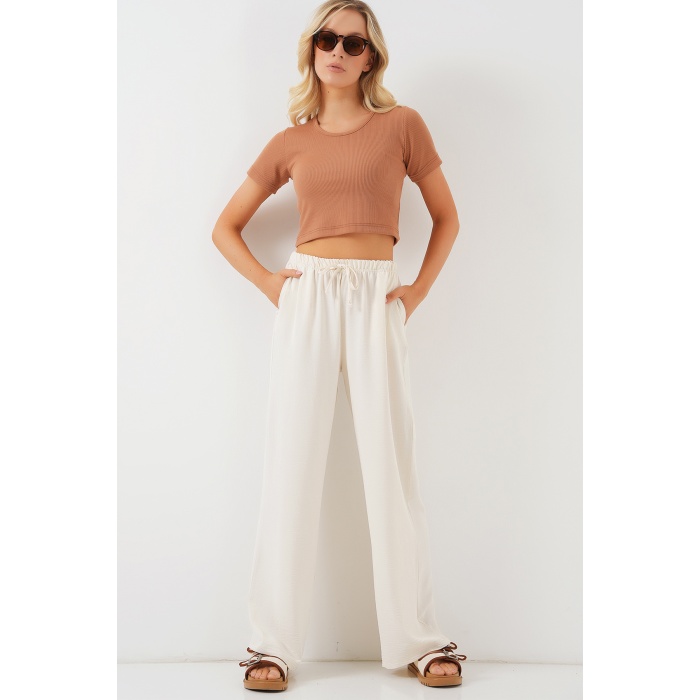 Kadın Yüksek Bel Bol Paça Pantolon - Krem