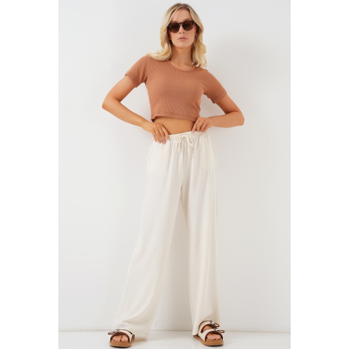 Kadın Yüksek Bel Bol Paça Pantolon - Krem