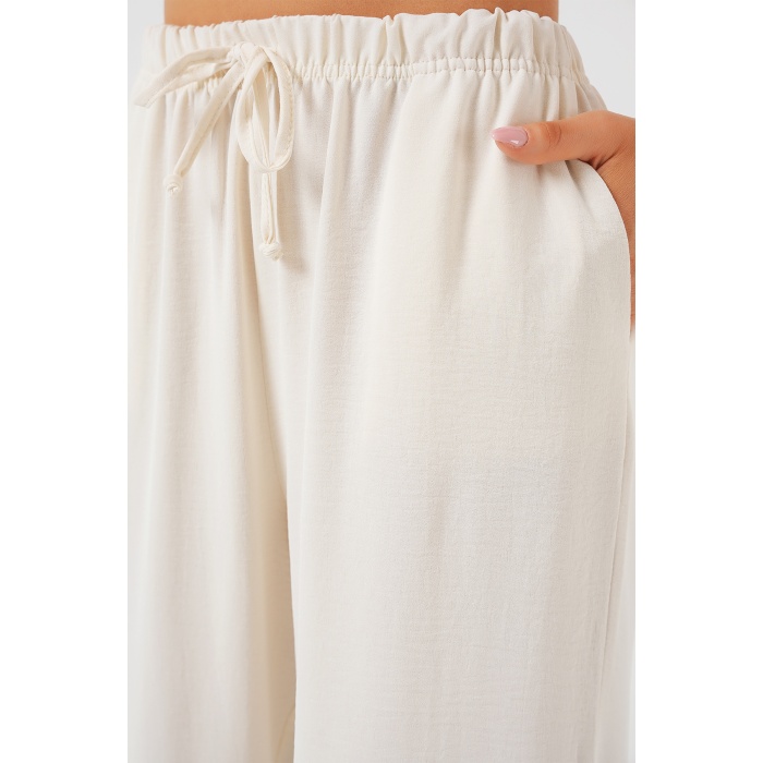 Kadın Yüksek Bel Bol Paça Pantolon - Krem