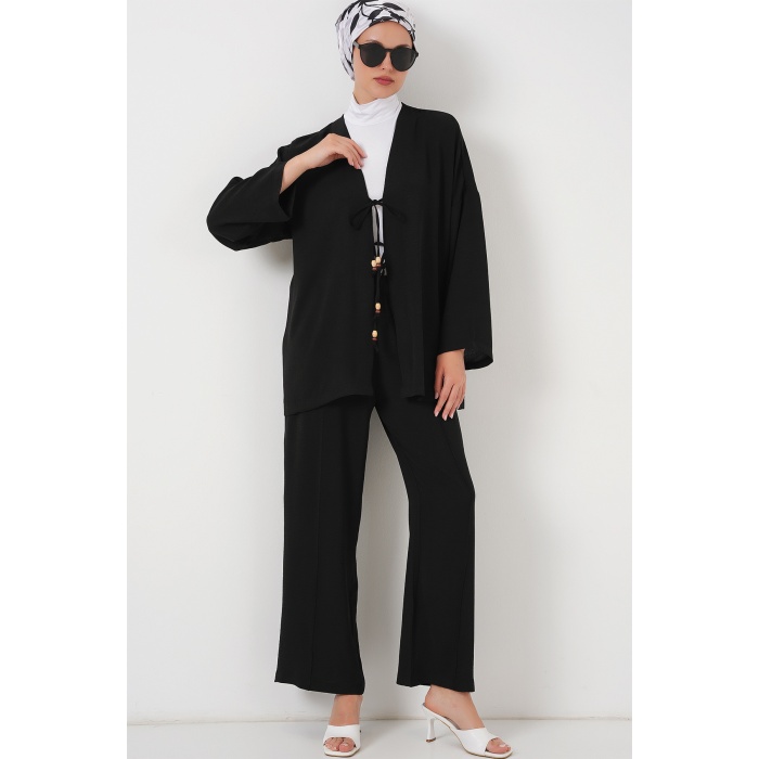 Kadın Ayrobin Kimono Pantolon İkili Takım 6739 - Siyah