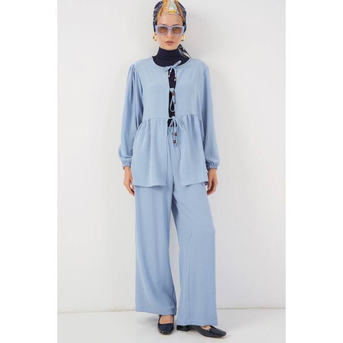 Kadın Önü Bağcıklı Tunik Pantolon İkili Takım 6744 - Mavi