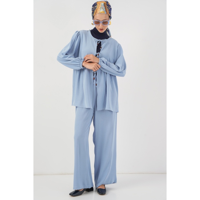 Kadın Önü Bağcıklı Tunik Pantolon İkili Takım 6744 - Mavi