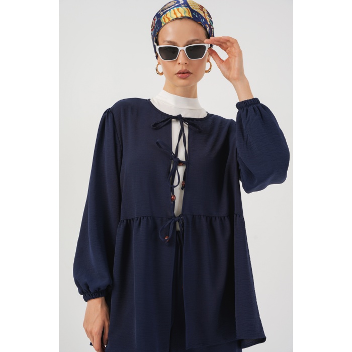 Kadın Önü Bağcıklı Tunik Pantolon İkili Takım 6744 - Lacivert