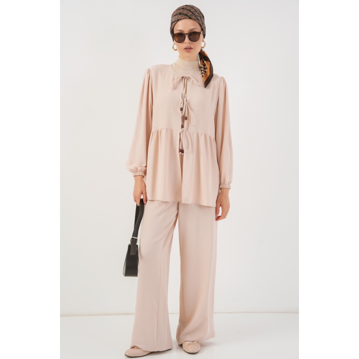 Kadın Önü Bağcıklı Tunik Pantolon İkili Takım 6744 - Krem