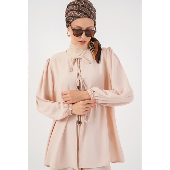 Kadın Önü Bağcıklı Tunik Pantolon İkili Takım 6744 - Krem