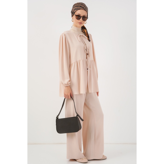 Kadın Önü Bağcıklı Tunik Pantolon İkili Takım 6744 - Krem
