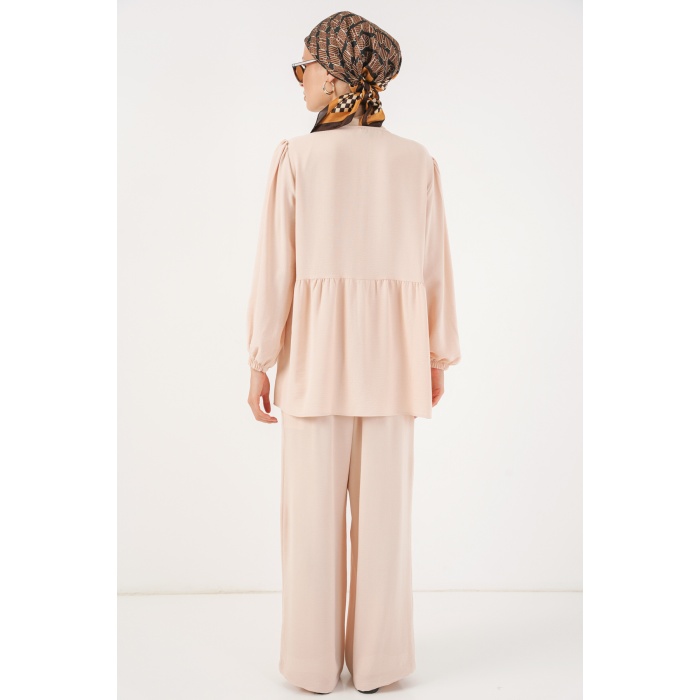 Kadın Önü Bağcıklı Tunik Pantolon İkili Takım 6744 - Krem