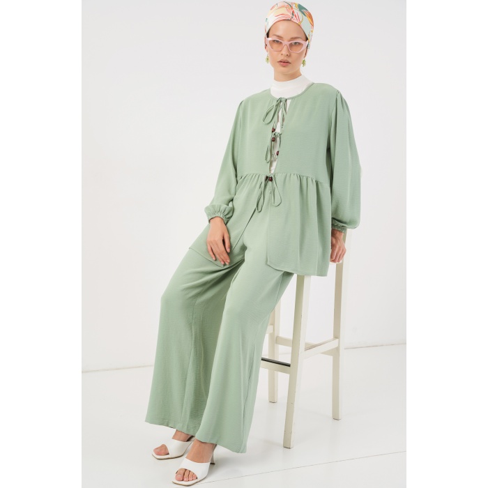 Kadın Önü Bağcıklı Tunik Pantolon İkili Takım 6744 - Mint