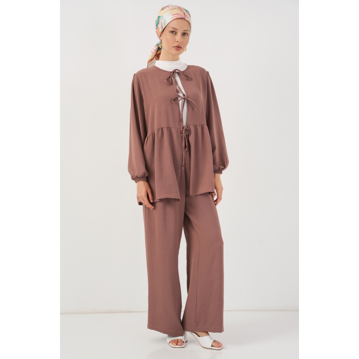 Kadın Önü Bağcıklı Tunik Pantolon İkili Takım 6744 - D.Gül Kurusu