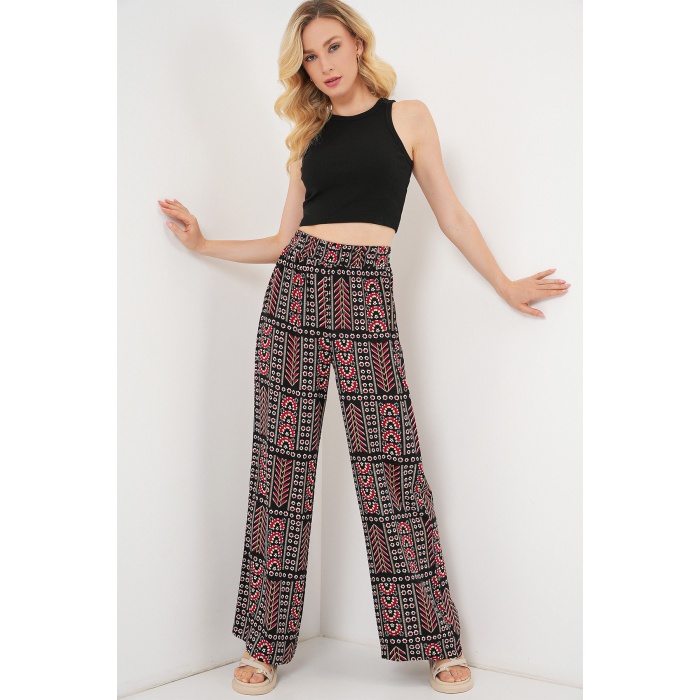 Kadın Desenli Viskon Pantolon 6749 - Siyah