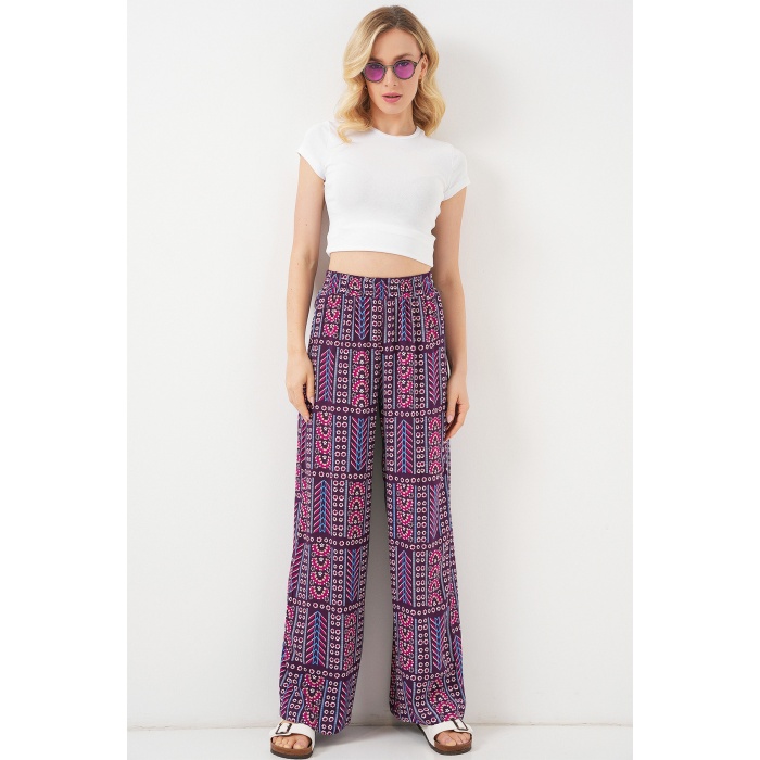 Kadın Desenli Viskon Pantolon 6749 - Mor