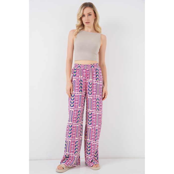 Kadın Desenli Viskon Pantolon 6749 - Fuşya
