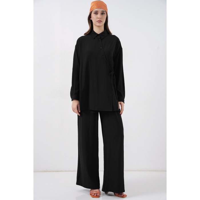 Kadın Bağcıklı Tunik Pantolon İkili Takım 6752 - Siyah