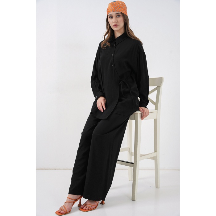 Kadın Bağcıklı Tunik Pantolon İkili Takım 6752 - Siyah