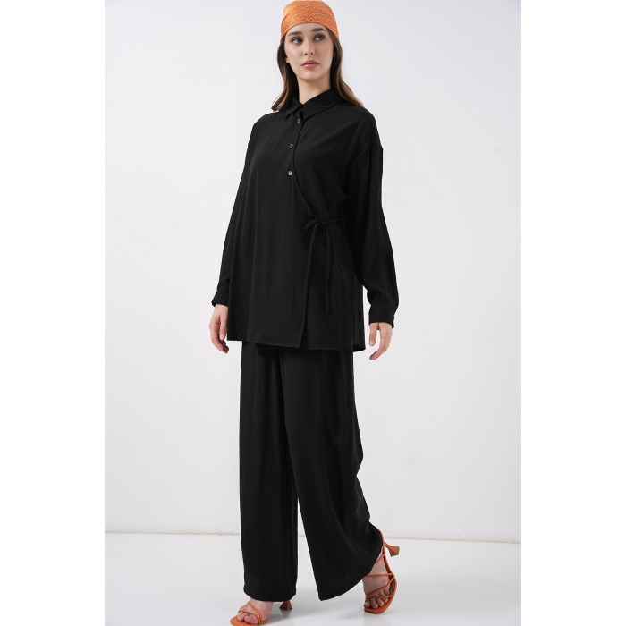 Kadın Bağcıklı Tunik Pantolon İkili Takım 6752 - Siyah
