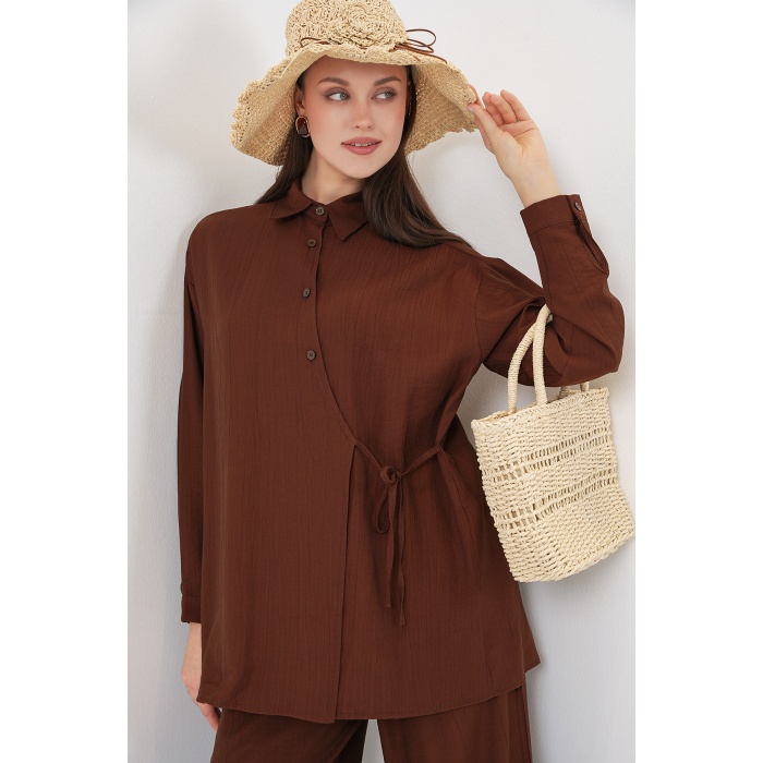 Kadın Bağcıklı Tunik Pantolon İkili Takım 6752 - Kahverengi