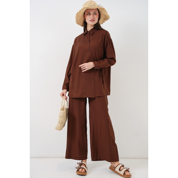 Kadın Bağcıklı Tunik Pantolon İkili Takım 6752 - Kahverengi