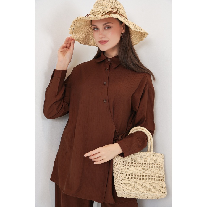 Kadın Bağcıklı Tunik Pantolon İkili Takım 6752 - Kahverengi