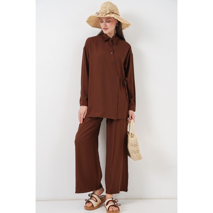 Kadın Bağcıklı Tunik Pantolon İkili Takım 6752 - Kahverengi