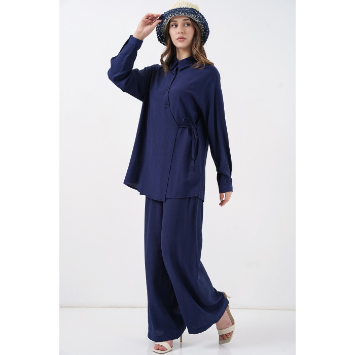 Kadın Bağcıklı Tunik Pantolon İkili Takım 6752 - Lacivert